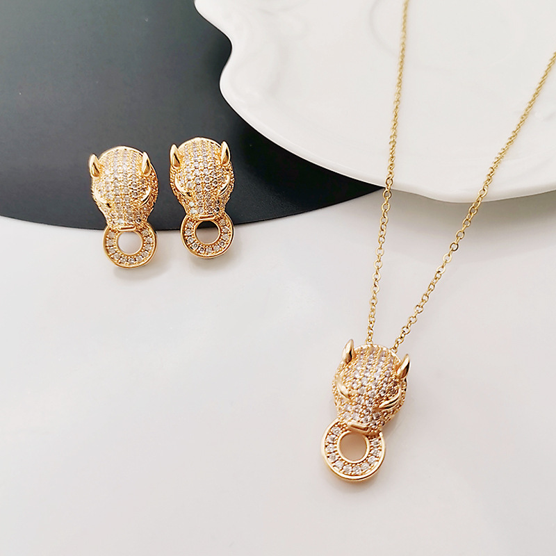European and American fashion micro-inlaid leopard head bite ring necklace women's jewelry zircon pendant earrings factory direct sales details Picture