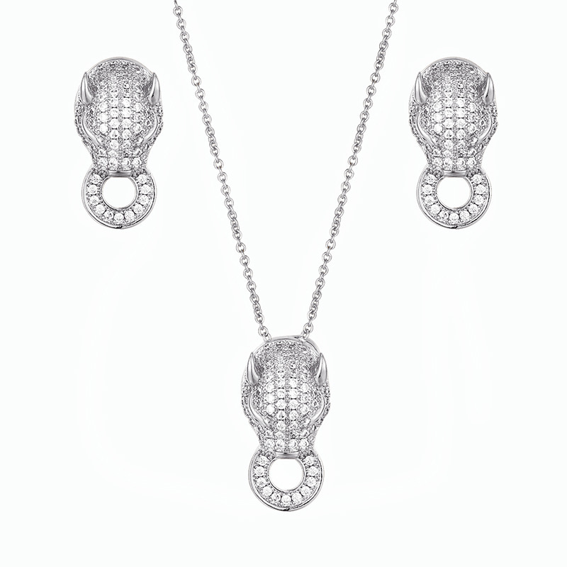 European and American fashion micro-inlaid leopard head bite ring necklace women's jewelry zircon pendant earrings factory direct sales detail image 6