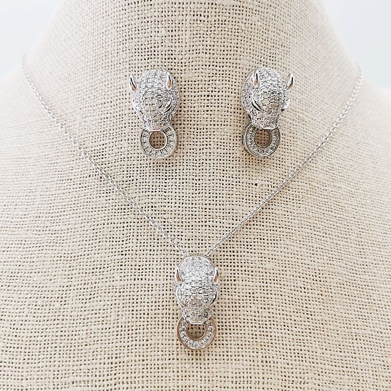 European and American fashion micro-inlaid leopard head bite ring necklace women's jewelry zircon pendant earrings factory direct sales detail image 5