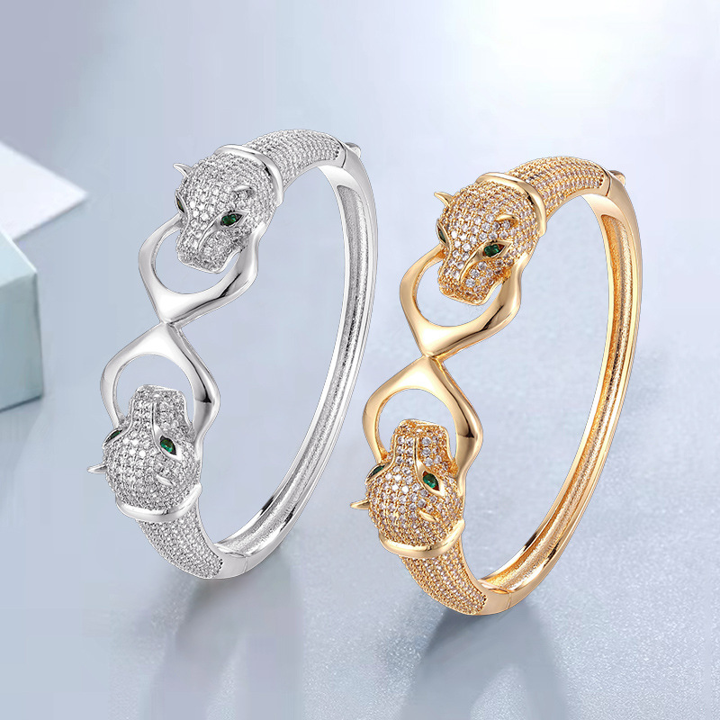 Cross-border e-commerce Amazon European and American zirconium-inlaid double smooth U-shaped leopard head cross bracelet