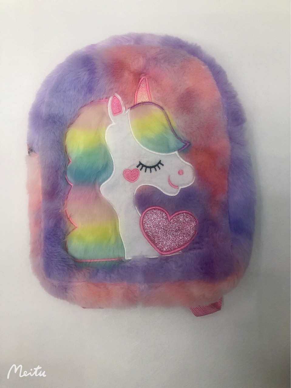 Plush unicorn schoolbag, plush cartoon schoolbag, unicorn backpack, plush animal schoolbag, embroidered schoolbag details Picture