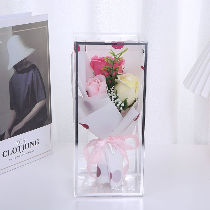 New transparent hand-held rope gift box, 3 rose soap flowers, artificial flowers, Teacher's Day, Mother's Day, Valentine's Day, Christmas gift, Hai Ruo 01 Specification image