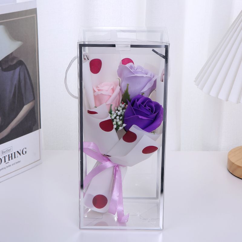New transparent hand-held rope gift box, 3 rose soap flowers, artificial flowers, Teacher's Day, Mother's Day, Valentine's Day, Christmas gift, Hai Ruo 01 Item Picture