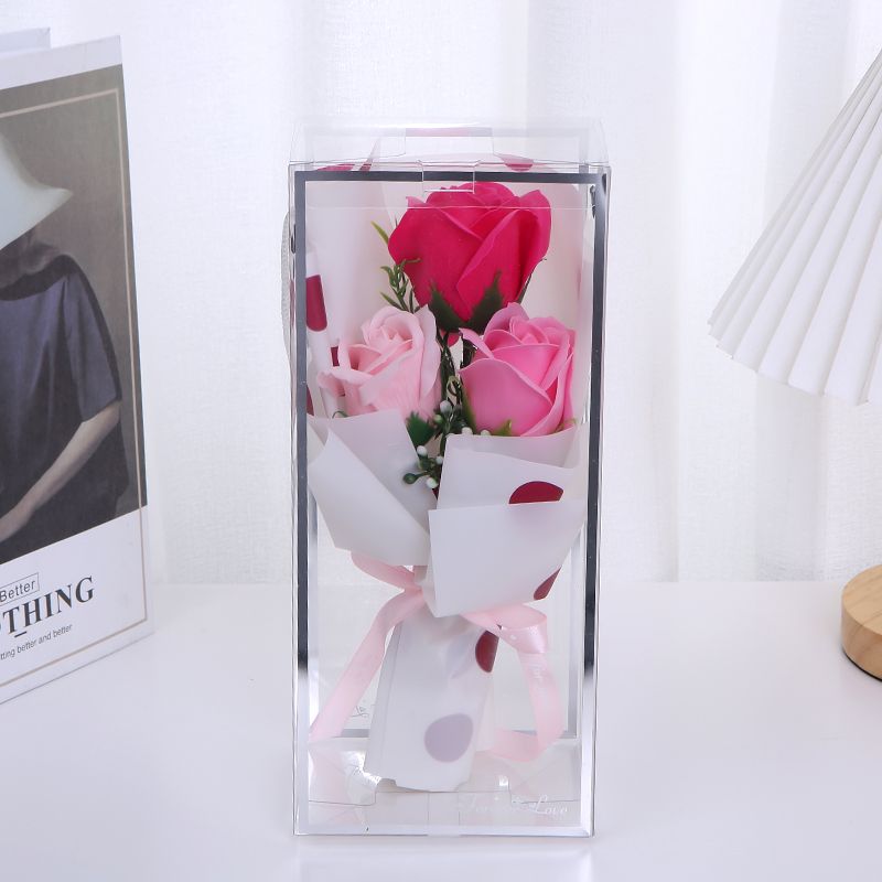 New transparent hand-held rope gift box, 3 rose soap flowers, artificial flowers, Teacher's Day, Mother's Day, Valentine's Day, Christmas gift, Hai Ruo 01 Application Scenario