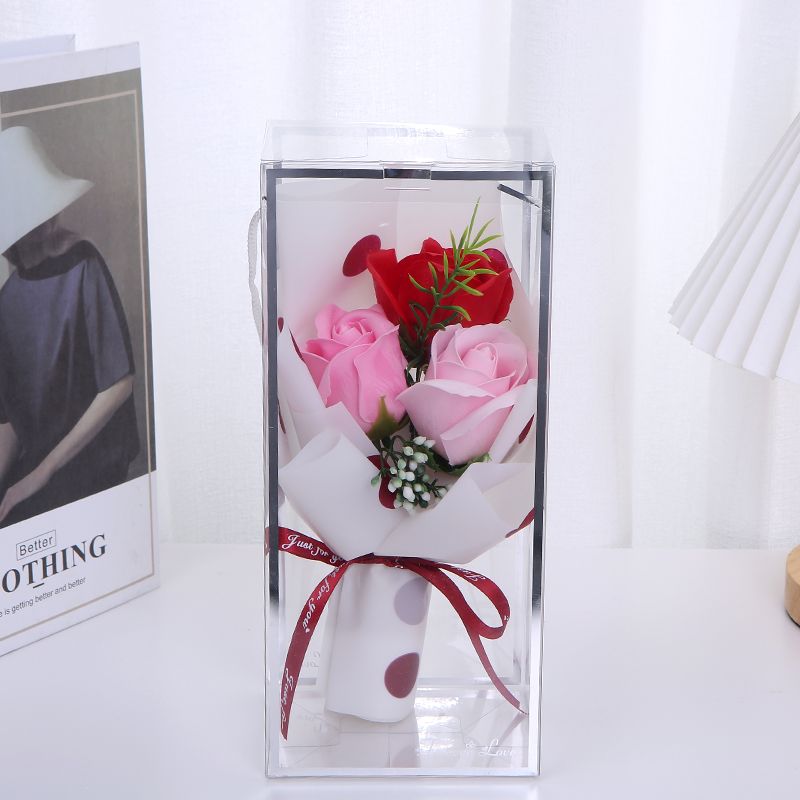New transparent hand-held rope gift box, 3 rose soap flowers, artificial flowers, Teacher's Day, Mother's Day, Valentine's Day, Christmas gift, Hai Ruo 01 details Picture