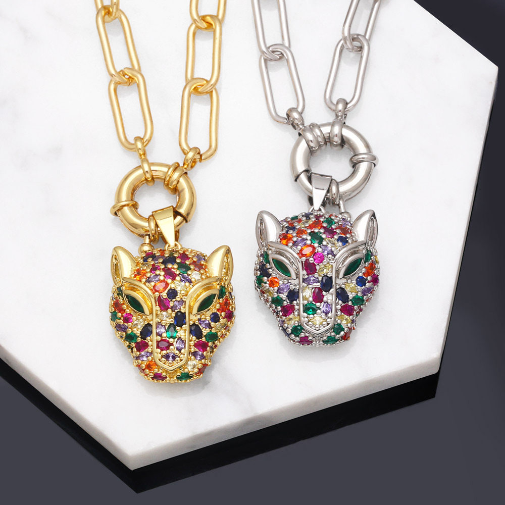 European and American hip-hop trend thick-chain men's necklace, exaggerated and unique, full of diamonds, colorful zircon leopard head pendant
