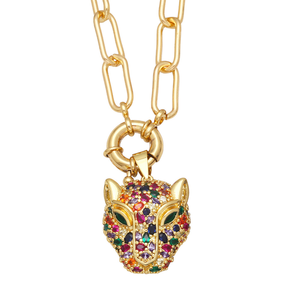European and American hip-hop trend thick-chain men's necklace, exaggerated and unique, full of diamonds, colorful zircon leopard head pendant detail image 6