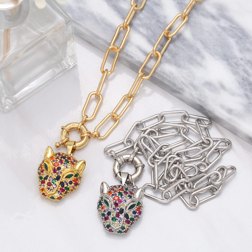 European and American hip-hop trend thick-chain men's necklace, exaggerated and unique, full of diamonds, colorful zircon leopard head pendant Item Picture