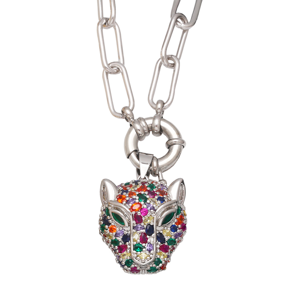 European and American hip-hop trend thick-chain men's necklace, exaggerated and unique, full of diamonds, colorful zircon leopard head pendant Specification image