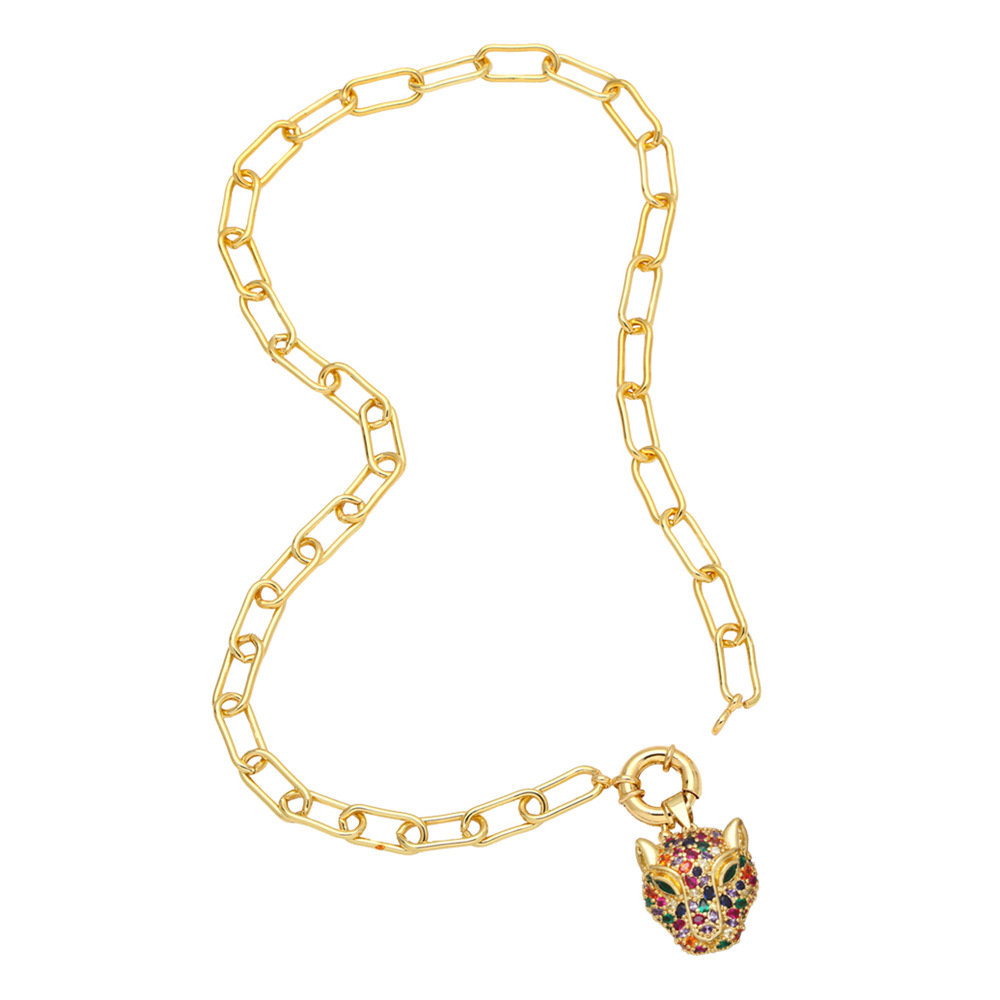 European and American hip-hop trend thick-chain men's necklace, exaggerated and unique, full of diamonds, colorful zircon leopard head pendant detail image 4