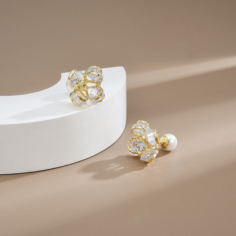 双面珍珠耳钉法式精致耳环小众设计感高级水晶花朵耳饰详情图2