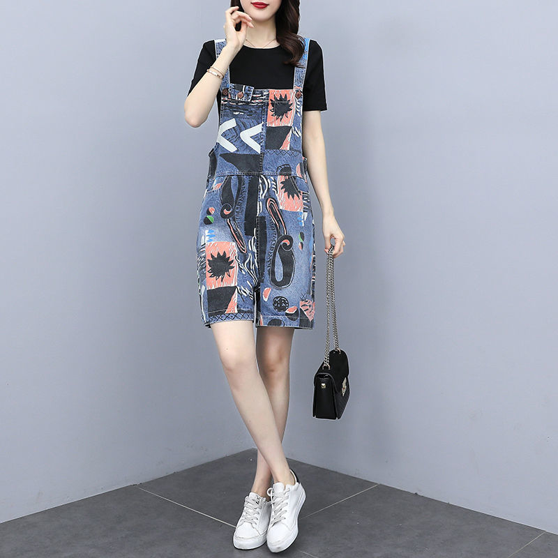 2022夏季新款大码女装胖MM牛仔背带裤显瘦两件套