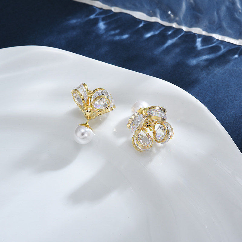 双面珍珠耳钉法式精致耳环小众设计感高级水晶花朵耳饰详情图4