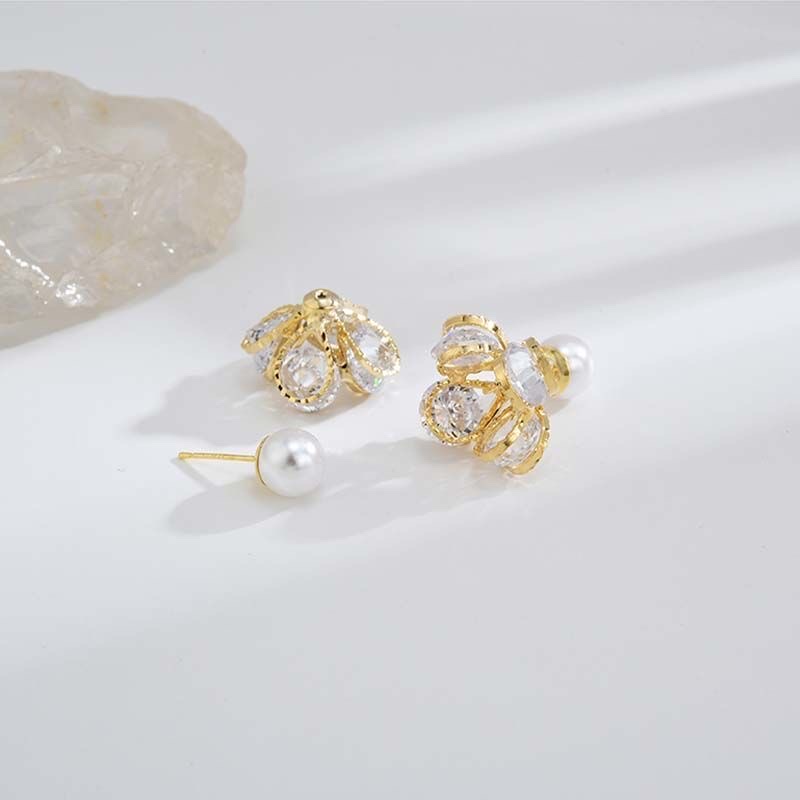 双面珍珠耳钉法式精致耳环小众设计感高级水晶花朵耳饰详情图3