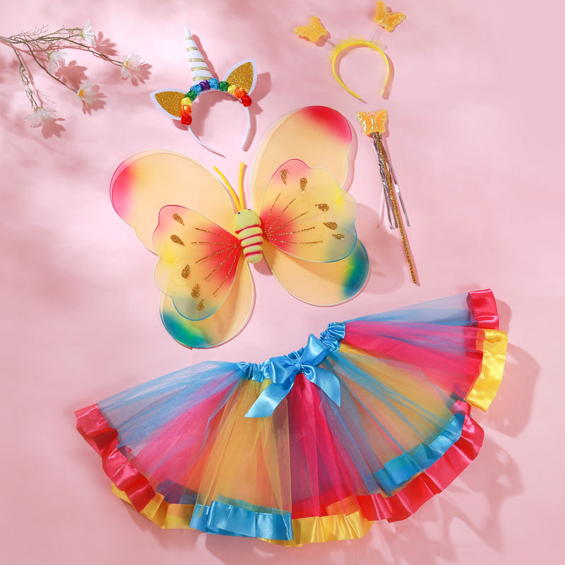 52 2021新款蝴蝶翅膀彩虹网纱公主裙小公主仙女魔法棒玩具女孩儿童