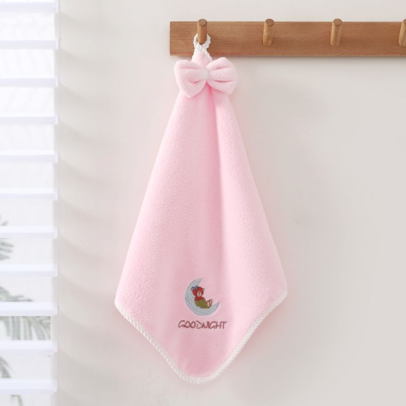 Hand towels, warm fleece moon bear embroidered hanging towel, coral fleece absorbent square towel, 35*35cm, high quality, OEM available detail image 9