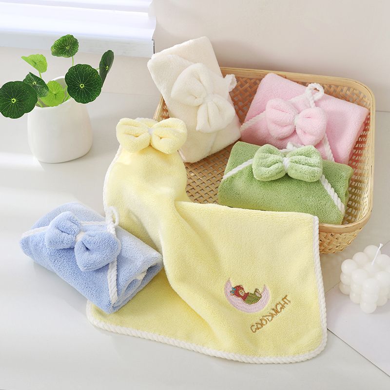 Hand towels, warm fleece moon bear embroidered hanging towel, coral fleece absorbent square towel, 35*35cm, high quality, OEM available detail image 4