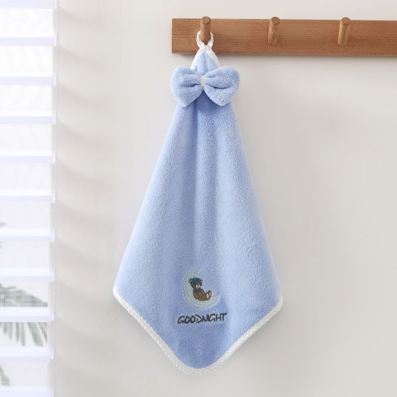 Hand towels, warm fleece moon bear embroidered hanging towel, coral fleece absorbent square towel, 35*35cm, high quality, OEM available detail image 6