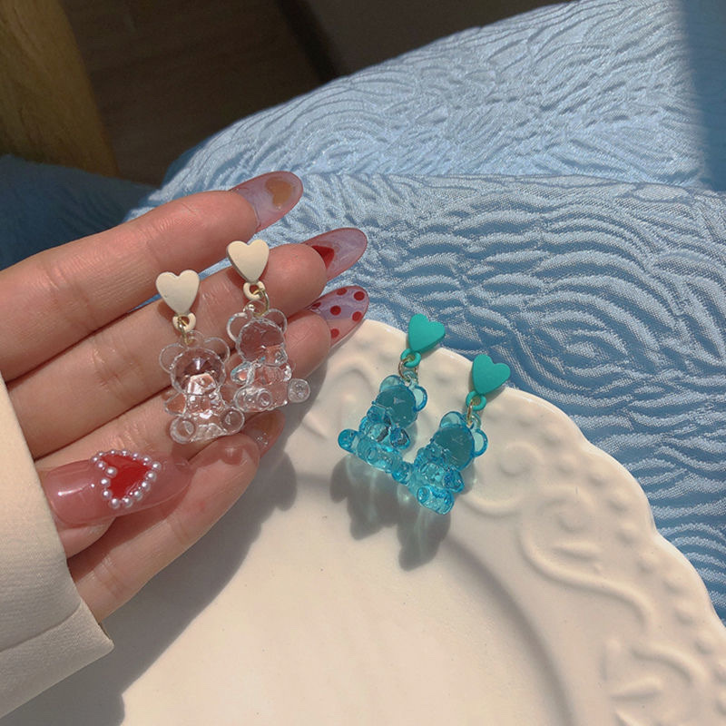 冰透小熊~可爱透明爱心耳钉小众设计新款耳环女气质耳饰潮