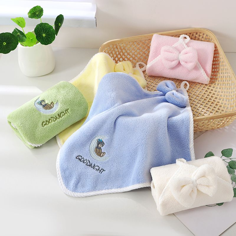 Hand towels, warm fleece moon bear embroidered hanging towel, coral fleece absorbent square towel, 35*35cm, high quality, OEM available detail image 2