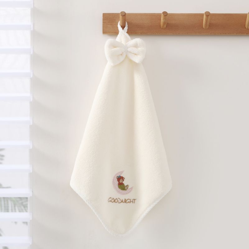 Hand towels, warm fleece moon bear embroidered hanging towel, coral fleece absorbent square towel, 35*35cm, high quality, OEM available detail image 5