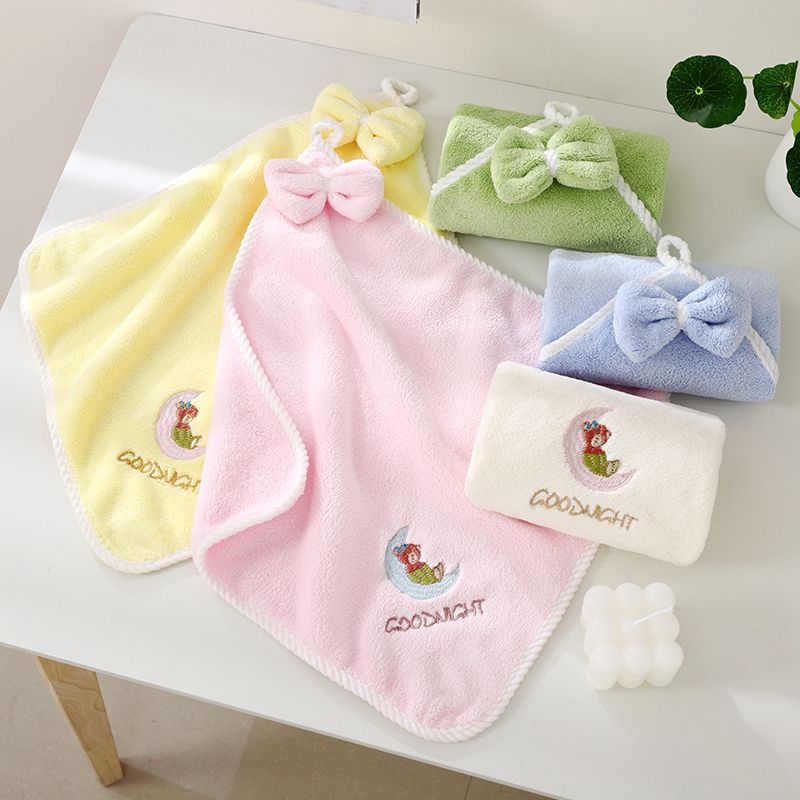 Hand towels, warm fleece moon bear embroidered hanging towel, coral fleece absorbent square towel, 35*35cm, high quality, OEM available detail image 3