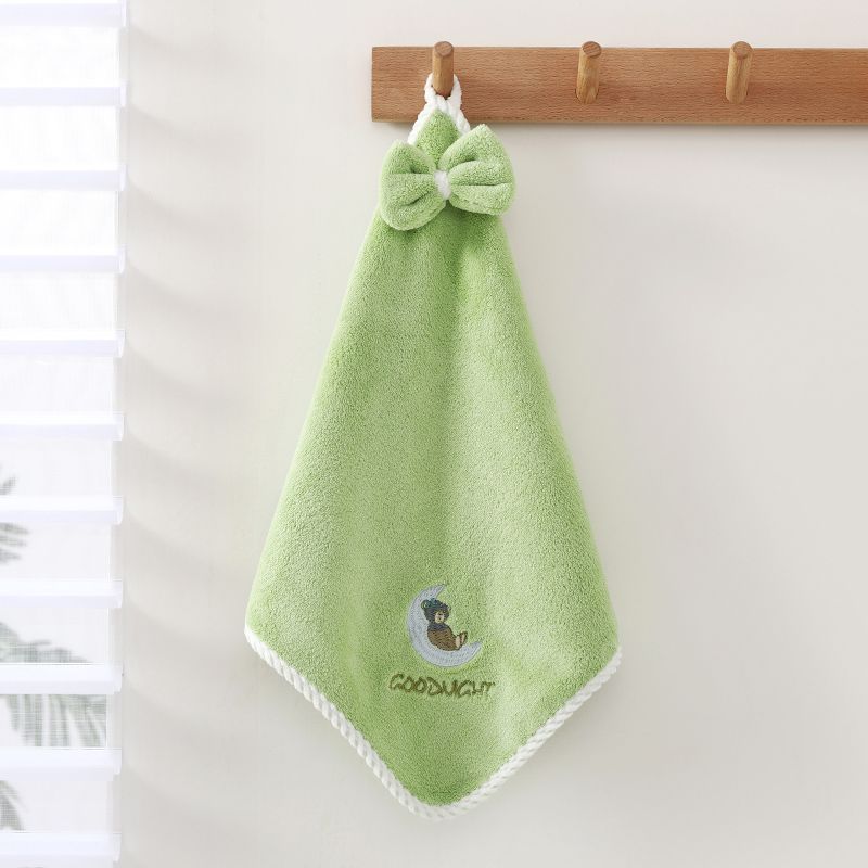 Hand towels, warm fleece moon bear embroidered hanging towel, coral fleece absorbent square towel, 35*35cm, high quality, OEM available detail image 7
