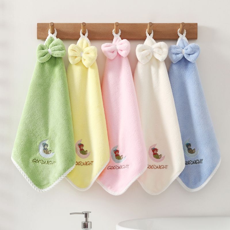 Hand towels, warm fleece moon bear embroidered hanging towel, coral fleece absorbent square towel, 35*35cm, high quality, OEM available detail image 10