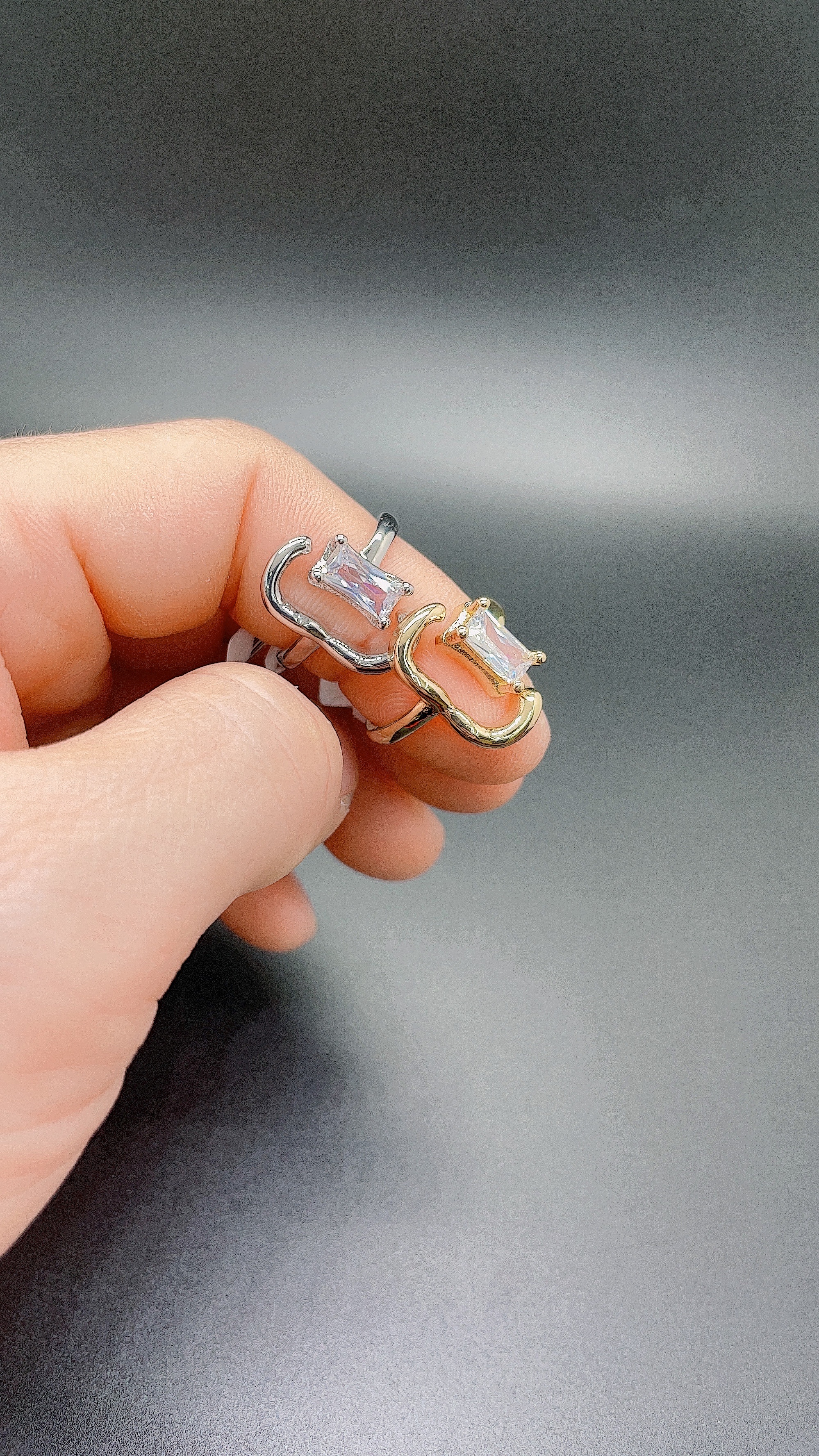 Korean-style fashionable square diamond colored zircon C-shaped gold-plated open women's ring details Picture