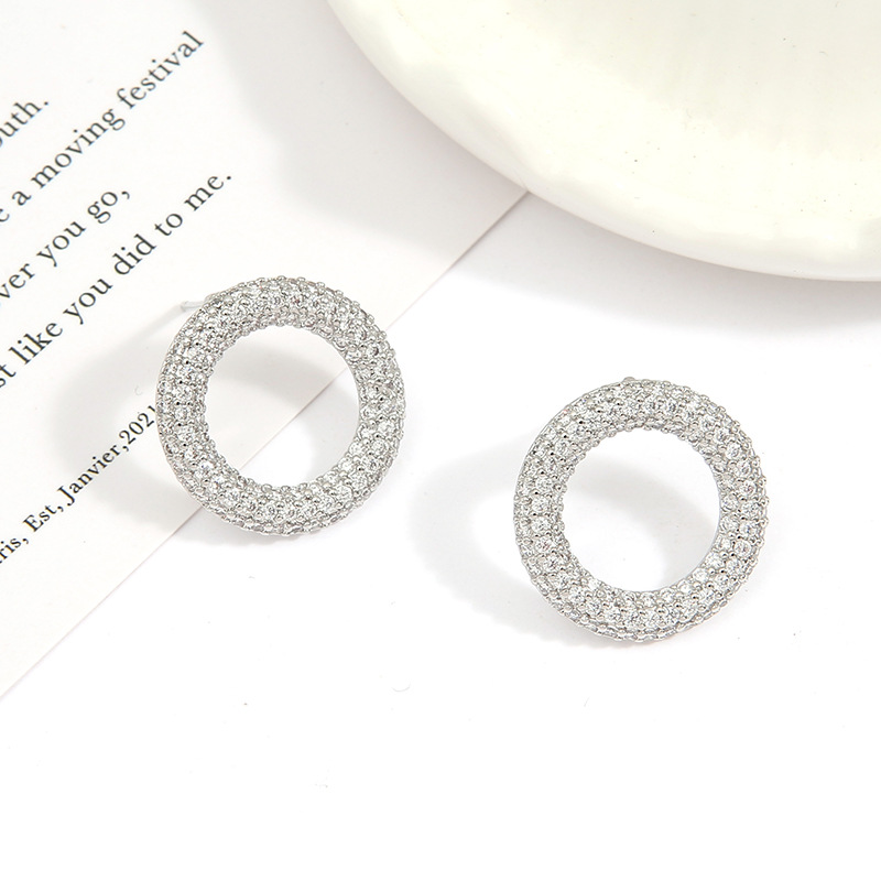 Aliexpress full-diamond round earrings for women, geometric round ear rings, ear studs, copper gold-plated gold ear ring accessories detail image 2