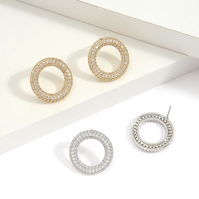 Aliexpress full-diamond round earrings for women, geometric round ear rings, ear studs, copper gold-plated gold ear ring accessories