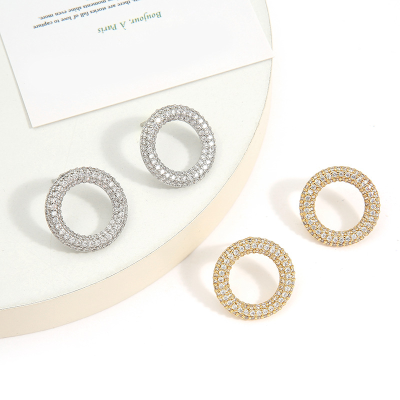 Aliexpress full-diamond round earrings for women, geometric round ear rings, ear studs, copper gold-plated gold ear ring accessories detail image 3