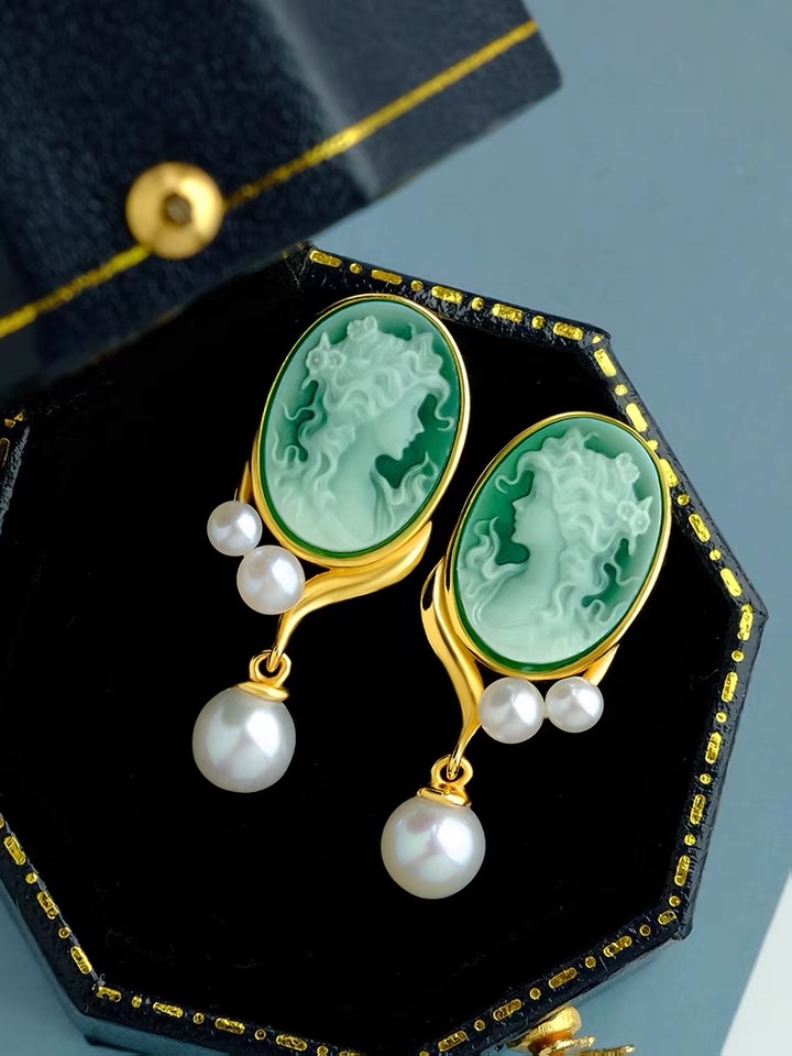 Camio Stud earrings, Women's pure silver gemstone natural agate earrings, Women's green series unique pearl earrings 088 Retro French style