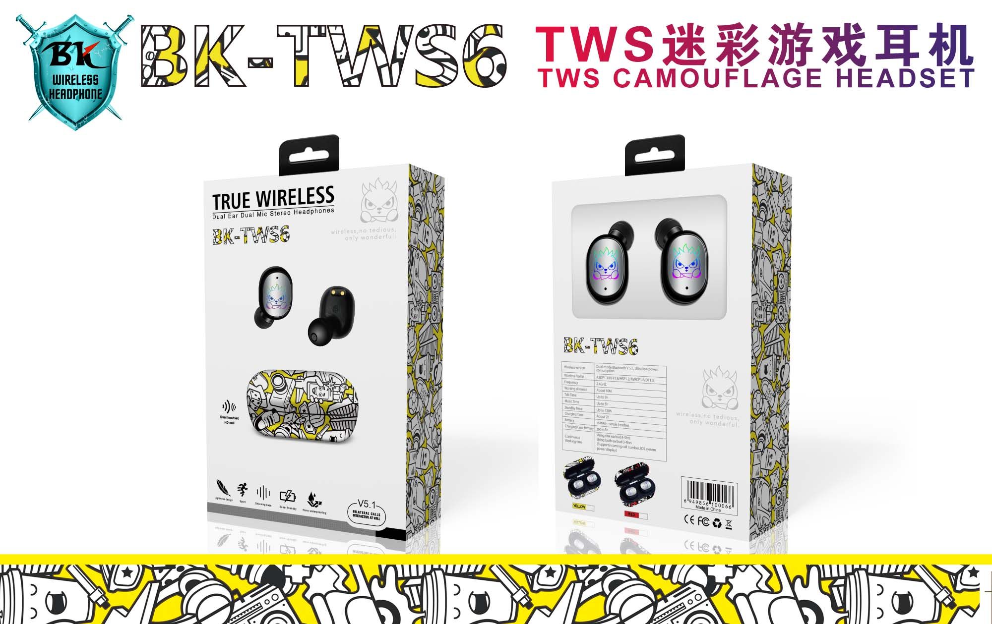 Auriculares de la marca sogo, camuflaje inalámbrico bluetooth auriculares BK-TWS6 details Picture