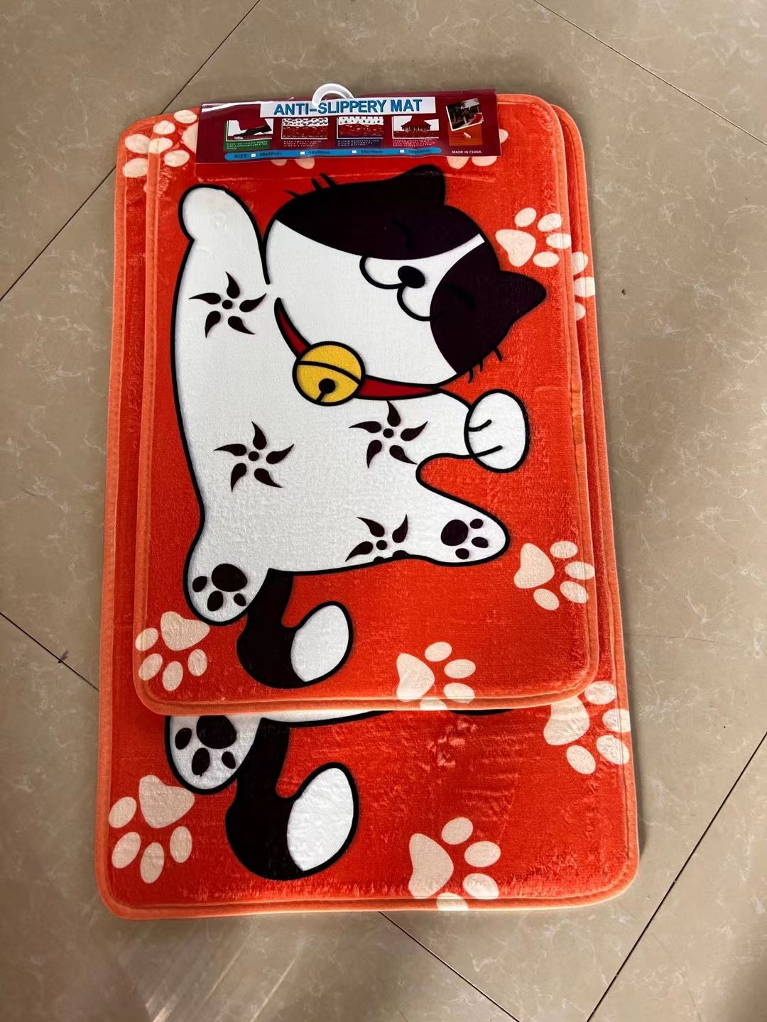 两件套铃铛猫卡通图案法拉绒长方形地垫