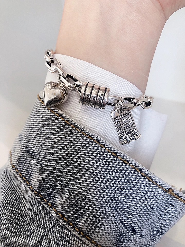 Original pure silver bracelet for women, personalized and fashionable, heart-shaped abacus letter thick chain bracelet, ins trendy and niche 079 design new style