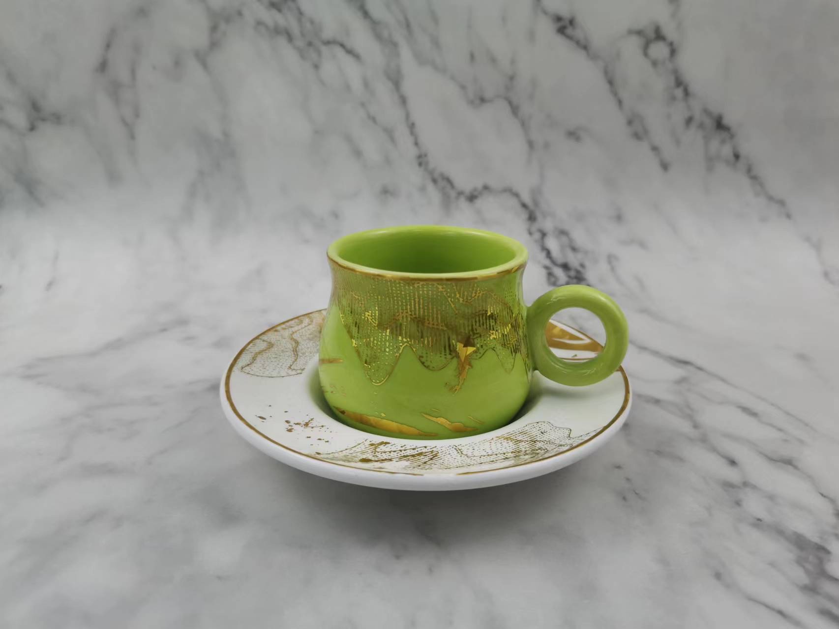 陶瓷咖啡杯碟6杯6碟礼品盒礼品袋意式咖啡杯碟套装绿白德伟007