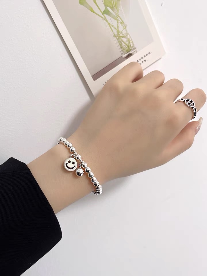 S925 sterling silver smiley Face Ball Silver bead bracelet for women's Instagram niche design Korean style simple and versatile fashionable bracelet