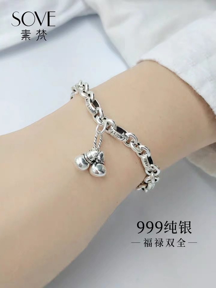 Gourd 999 pure silver ring bracelet for women, retro ethnic style pure silver bracelet decoration, ins niche design, genuine and solid