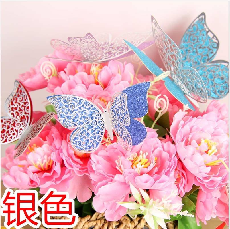 3D stereoscopic butterfly colorful butterfly stickers, butterfly discs, dazzling hollowed-out butterfly wall stickers, home living room wall, wedding party background decoration, hollow paper butterflies Application Scenario