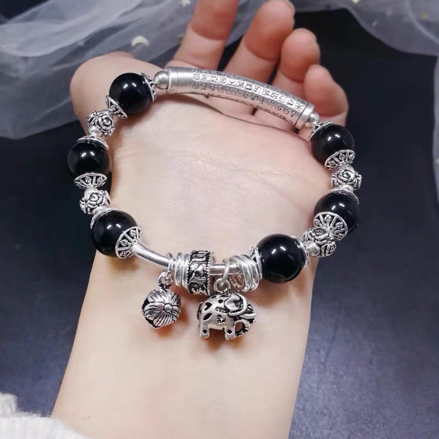 【格格吉祥】天然黑矅石999足银纯银手链女大象时尚手串低调