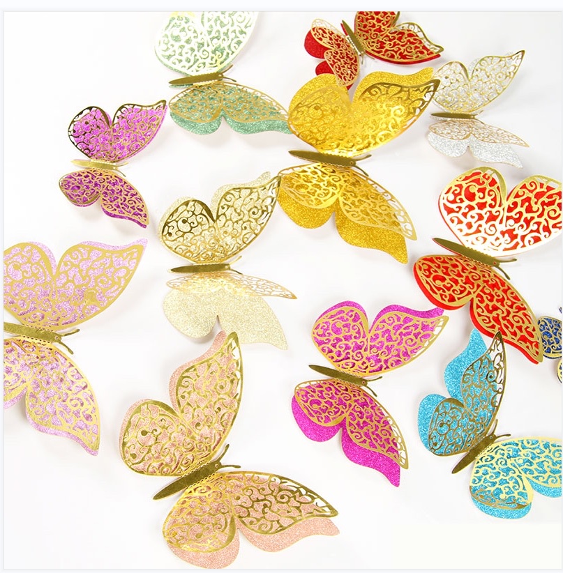 3D stereoscopic butterfly colorful butterfly stickers, butterfly discs, dazzling hollowed-out butterfly wall stickers, home living room wall, wedding party background decoration, hollow paper butterflies