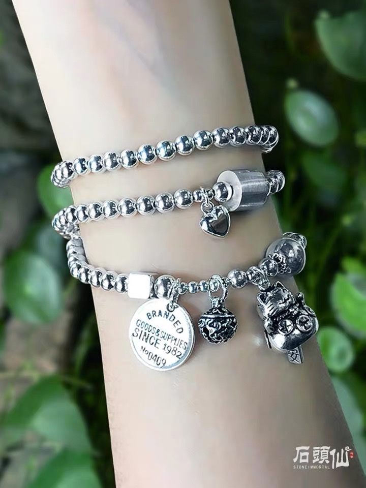 Genuine pure silver ring bracelet for women, multi-layer bead stringing, retro 999 pure silver ins small circle bracelet