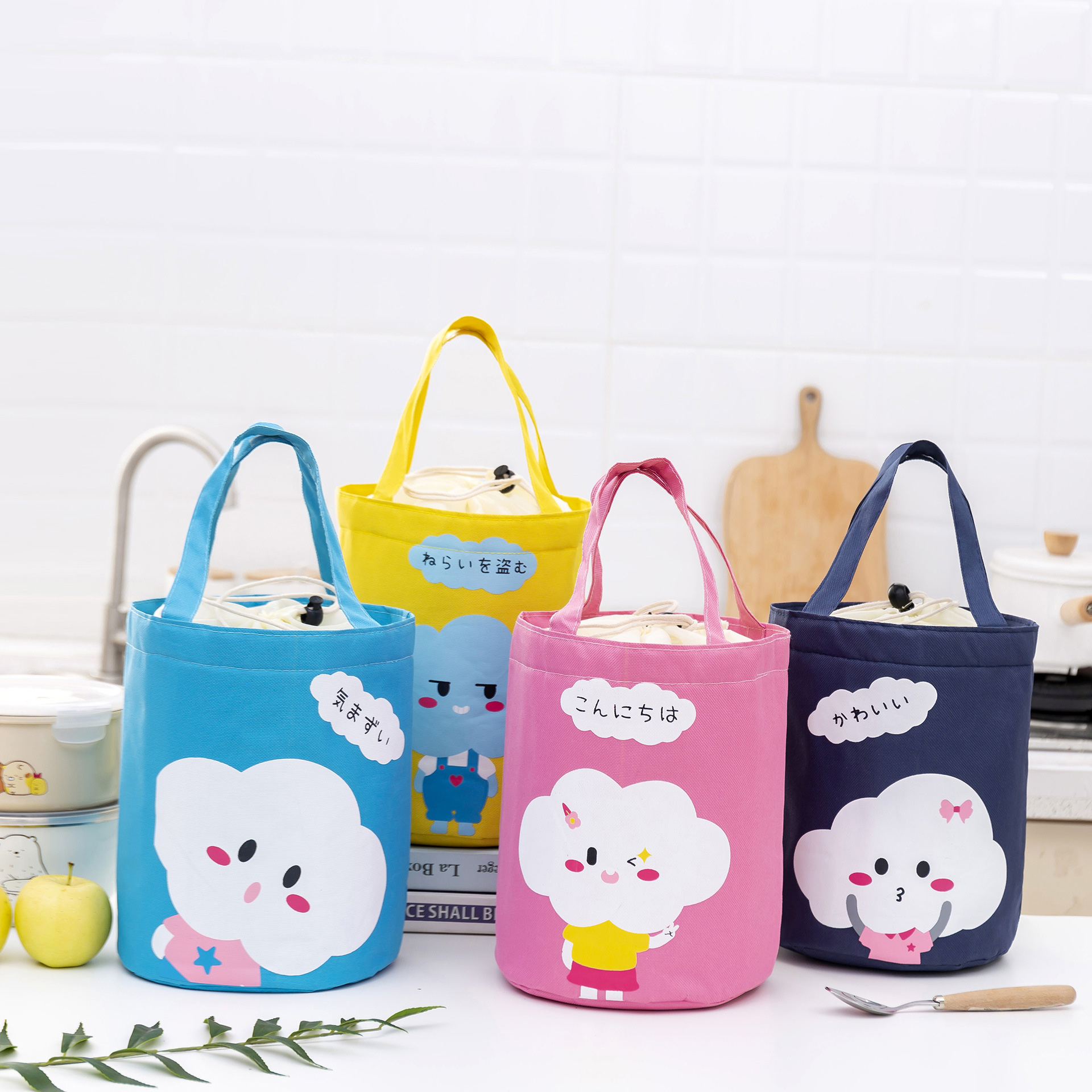 New cylindrical insulated bag, hand-held with a drawstring opening, large-capacity bento bag, thickened aluminum foil fresh-keeping lunch box bag