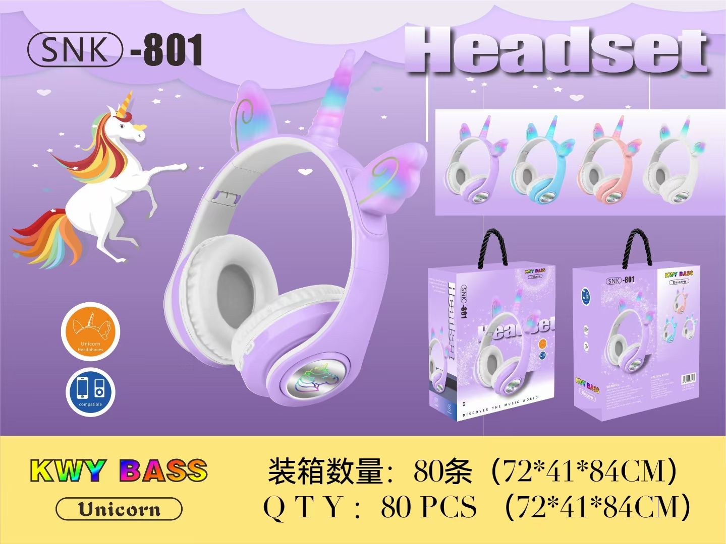 Sogo brand headphones, cartoon wireless Bluetooth headphones, new SNK-801 Unicorn details Picture