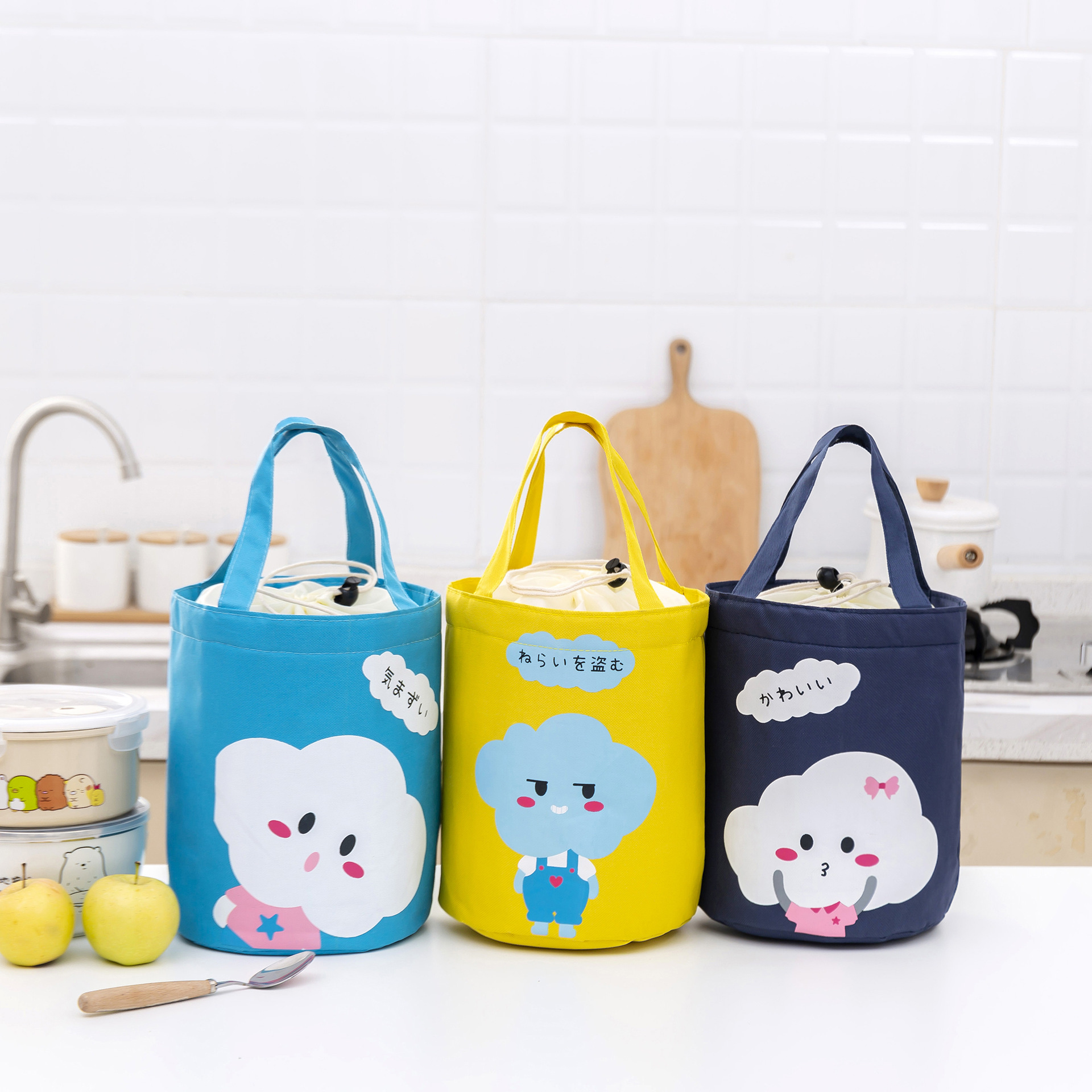 New cylindrical insulated bag, hand-held with a drawstring opening, large-capacity bento bag, thickened aluminum foil fresh-keeping lunch box bag details Picture