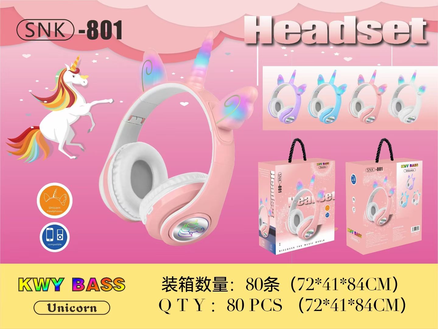 Sogo brand headphones, cartoon wireless Bluetooth headphones, new SNK-801 Unicorn Specification image