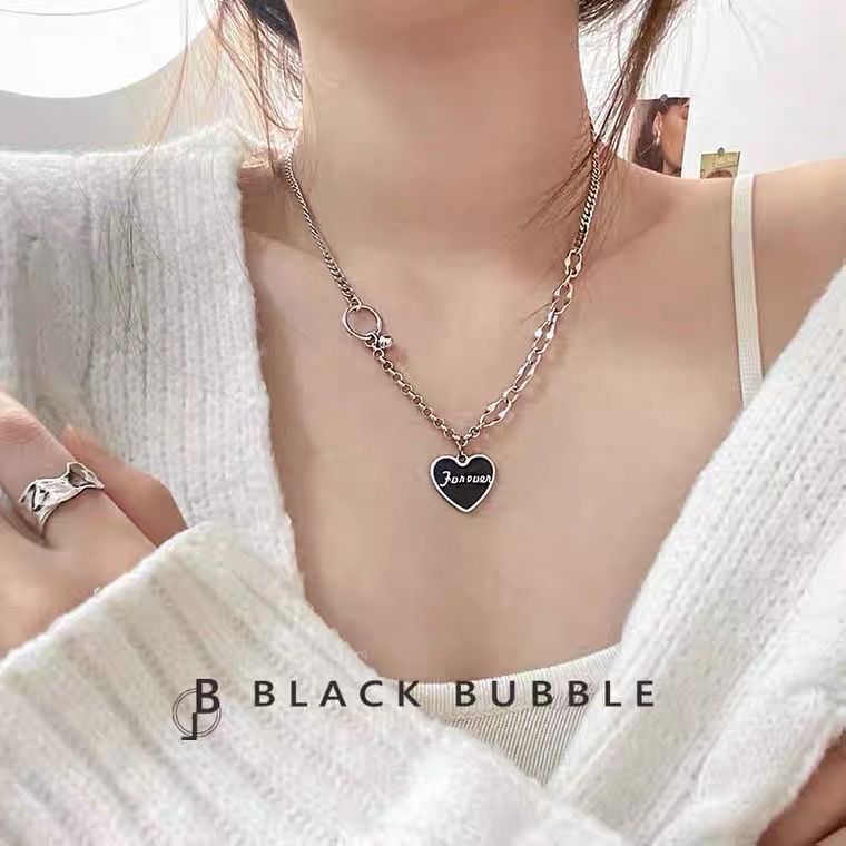 Black Bubble 925 sterling silver necklace, women's black heart-shaped pendant, collarbone chain, Instagram hip-hop retro silver chain, niche and light luxury