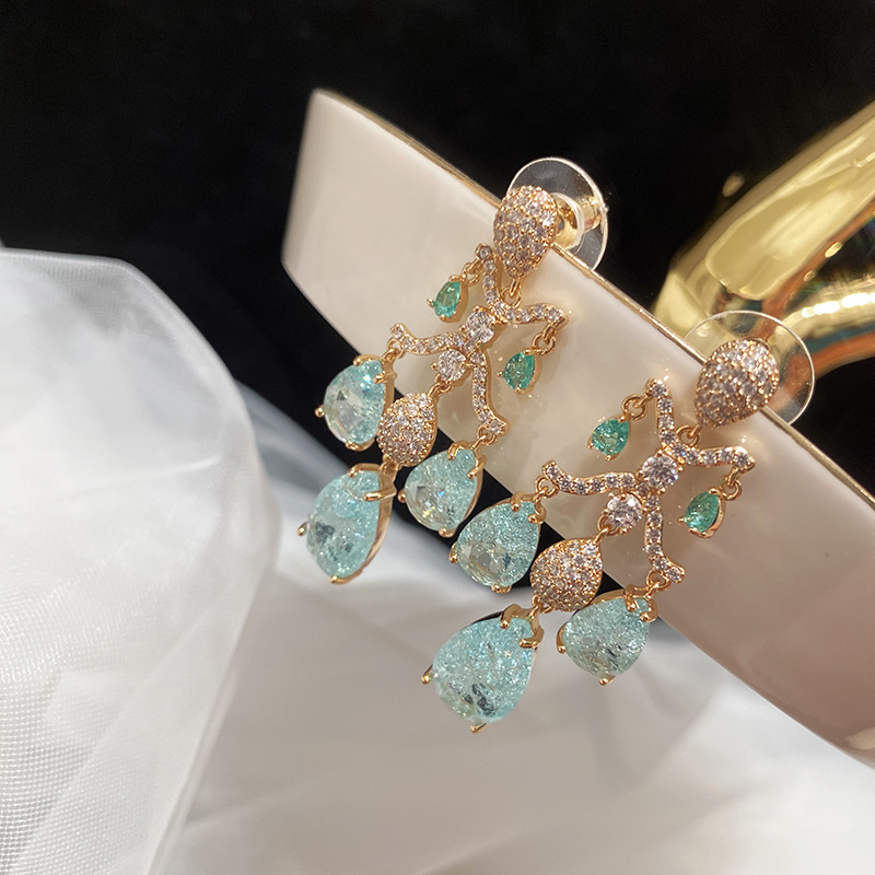 Retro court teardrop-shaped diamond zircon earrings and pendants, sweet 925 silver needle earrings, elegant ancient-style Hanfu for women detail image 4