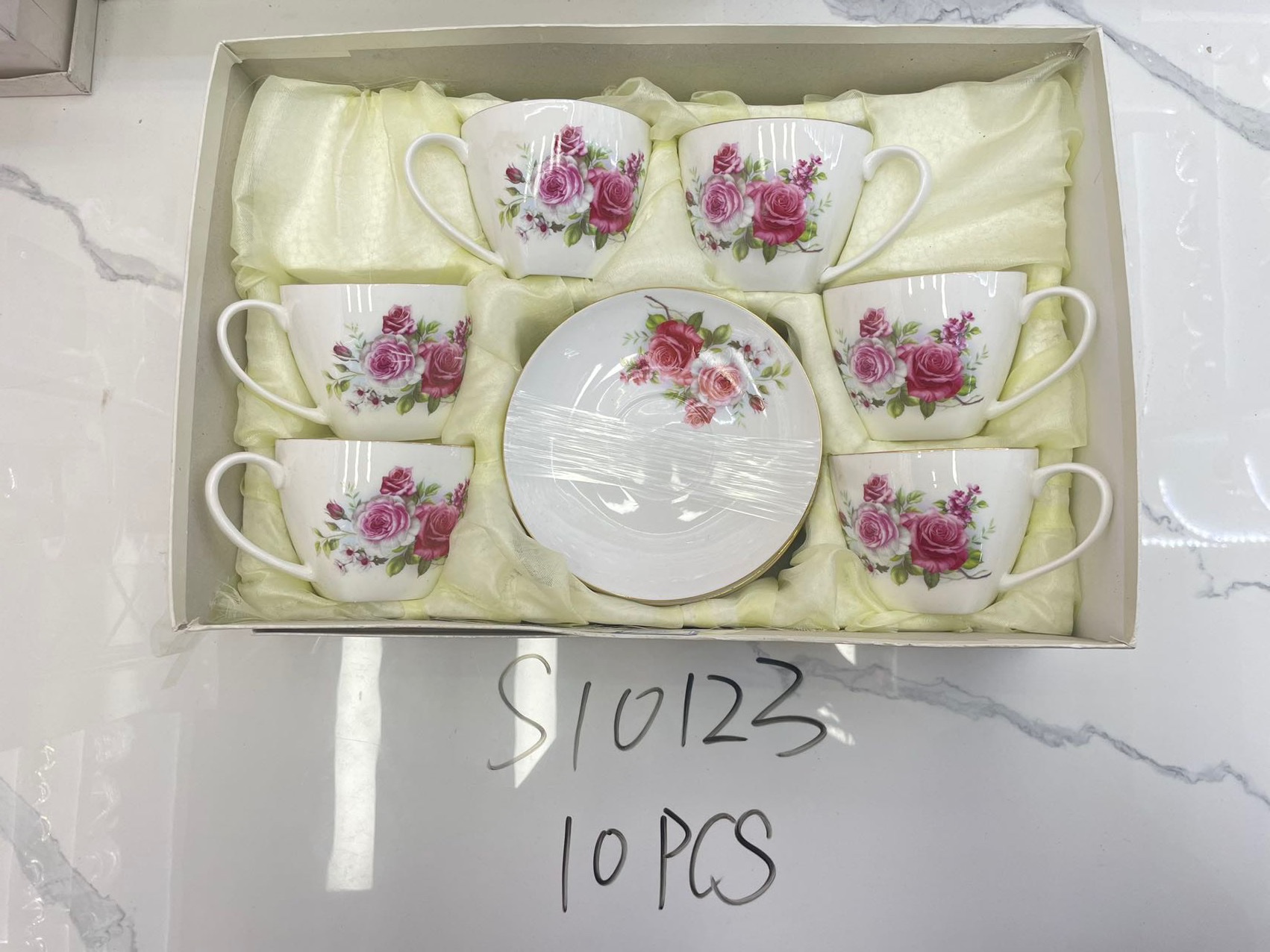 6杯6碟花朵杯口镀金杯